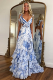 Blue White Flower Printed Tiered Cut Out Prom Dress with Slit