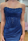 Sparkly Fuchsia Beaded Corset Strapless Prom Dress with Slit
