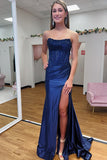 Sparkly Fuchsia Beaded Corset Strapless Prom Dress with Slit