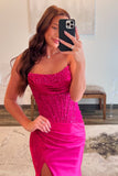 Sparkly Fuchsia Beaded Corset Strapless Prom Dress with Slit