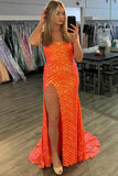 Sparkly Sequins Orange Mermaid Strapless Prom Dress with Slit