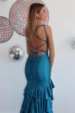 Sparkly Beaded Blue Tiered Spaghetti Straps Prom Dress with Slit