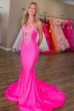 Sparkly Beaded Fuchsia Halter Cut Out Mermaid Prom Dress