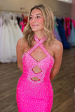 Sparkly Beaded Fuchsia Halter Cut Out Mermaid Prom Dress