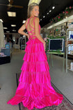 Sparkly Fuchsia Beaded V-Neck Tiered Prom Dress with Slit