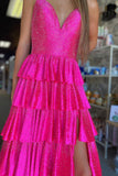 Sparkly Fuchsia Beaded V-Neck Tiered Prom Dress with Slit