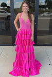 Sparkly Fuchsia Beaded V-Neck Tiered Prom Dress with Slit