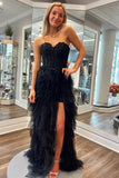 Sparkly Strapless Black Corset Tiered Prom Dress with Slit