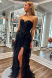 Sparkly Strapless Black Corset Tiered Prom Dress with Slit