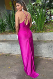 Fuchsia Pleated Sheath Spaghetti Straps Satin Prom Dress