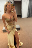 Sparkly Beaded Golden Corset Strapless Prom Dress with Slit