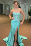 Sparkly Beaded Golden Corset Strapless Prom Dress with Slit