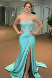 Sparkly Beaded Golden Corset Strapless Prom Dress with Slit
