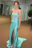 Sparkly Beaded Golden Corset Strapless Prom Dress with Slit