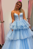 Blue Tulle Tiered Corset Prom Dress with Slit