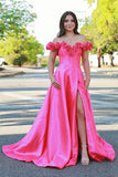 Pink Floral Corset Off The Shoulder Prom Dress with Slit