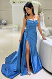 Blue Pleated Tight Strapless Prom Dress with Slit