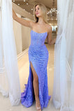 Blue Appliques Corset Strapless Mermaid Prom Dress with Slit