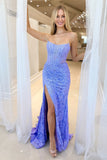 Blue Appliques Corset Strapless Mermaid Prom Dress with Slit