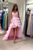 Pink Tulle Tiered Strapless Prom Dress with Zipper