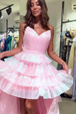 Pink Tulle Tiered Strapless Prom Dress with Zipper
