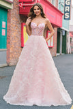 Sparkly Princess Pink Strapless Sequin Corset Floral Long Prom Dress With Pockets