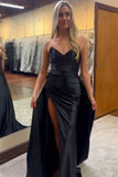 Black Strapless Pleated Satin Prom Dress with Slit