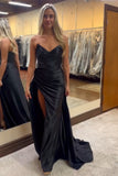 Black Strapless Pleated Satin Prom Dress with Slit
