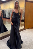 Black Strapless Pleated Satin Prom Dress with Slit