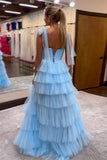 Blue Tiered Tulle Pleated Spaghetti Straps Prom Dress with Slit