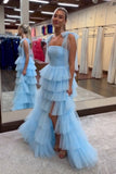 Blue Tiered Tulle Pleated Spaghetti Straps Prom Dress with Slit