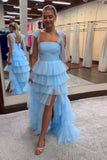 Blue Tiered Tulle Pleated Spaghetti Straps Prom Dress with Slit