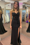 Black Sparkly Beaded Appliques Corset Prom Dress with Slit
