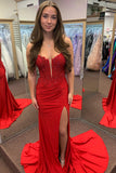 Red Sparkly Beaded Corset Mermaid Prom Dress with Slit