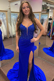 Red Sparkly Beaded Corset Mermaid Prom Dress with Slit