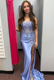 Sparkly Grey Blue Appliques Corset Mermaid Prom Dress with Slit