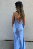 Sparkly Grey Blue Appliques Corset Mermaid Prom Dress with Slit