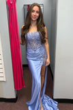 Sparkly Grey Blue Appliques Corset Mermaid Prom Dress with Slit