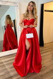 Red Strapless Ruched Satin Prom Dress with Slit
