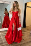 Red Strapless Ruched Satin Prom Dress with Slit