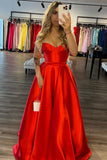 Red Strapless Ruched Satin Prom Dress with Slit