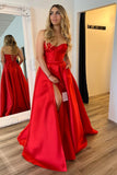 Red Strapless Ruched Satin Prom Dress with Slit