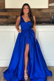 Royal Blue Pleated A Line Satin One-shoulder Slit Prom Dress with Bow