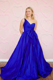 Royal Blue Pleated A Line Satin One-shoulder Slit Prom Dress with Bow