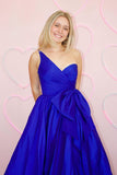 Royal Blue Pleated A Line Satin One-shoulder Slit Prom Dress with Bow