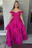 Fuchsia Corset Tiered Chiffon Off The Shoulder Prom Dress
