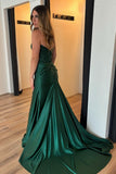 Sparkly Dark Green Corset Tight Satin Prom Dress with Slit