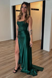Sparkly Dark Green Corset Tight Satin Prom Dress with Slit