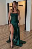 Sparkly Dark Green Corset Tight Satin Prom Dress with Slit