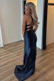 Black Beaded Corset Pleated Mermaid Prom Dress with Slit